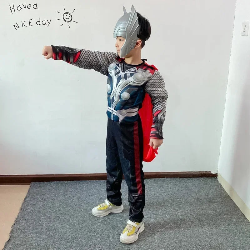 3pcs Kids Boys Thor Muscle Jumpsuit Cosplay Costumes Movies Character Superhero Halloween Children's Stage Performance Outfits