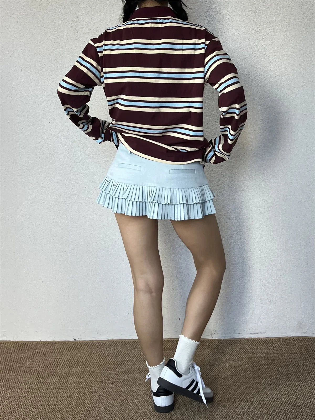 Summer Polo Shirts Woman Long Sleeve Crop Top Color Block Green Stripe Print Polo Shirts Mujer Casual Tops Striped Brown Autumn