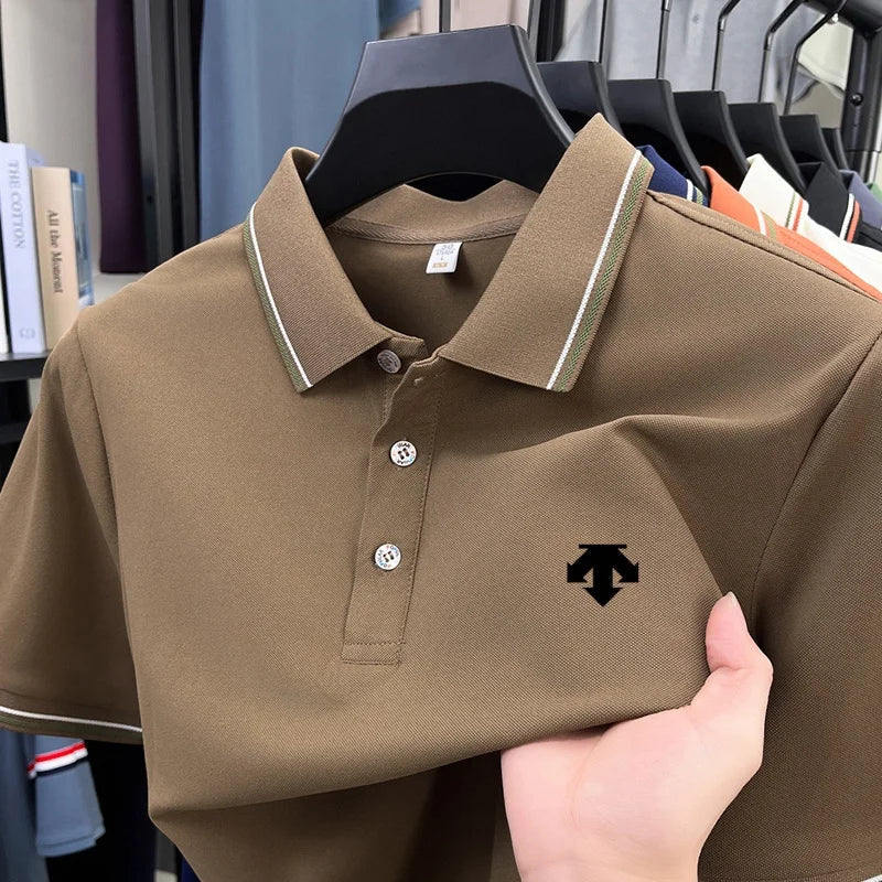 Men's Summer Solid Color Cool Breathable Luxury Polo Shirt Business Casual Collar T-shirt Short Sleeve Top