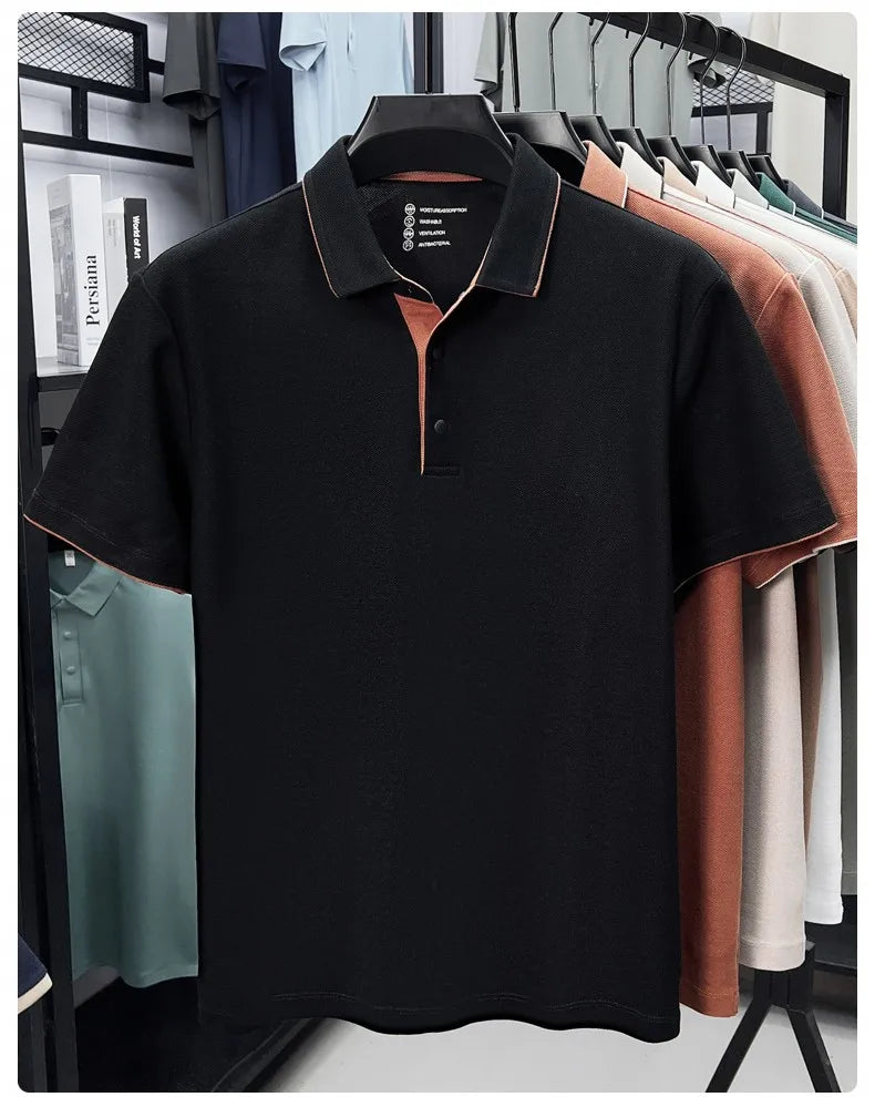 High quality 100% cotton solid color short sleeve polo shirt unique button men summer breathable comfort texture lapel T-shirt