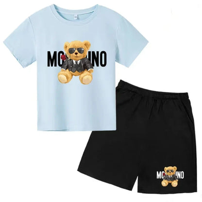 Boys Girls Summer Casual 2Pcs Set Lovely Bear Letter Print T-shirt & Shorts Comfortable Sports Running Suit