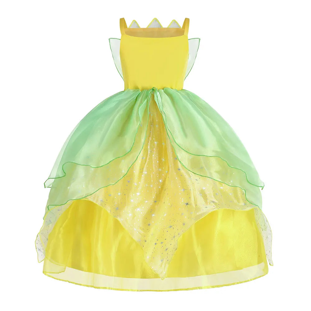 Fairy Tale Princess Costume for Girl Dressy Floral Ball Gown Princess and Frog Cosplay Tiana Halloween Apparel Green Dress 2-10Y