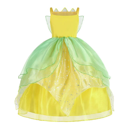 Fairy Tale Princess Costume for Girl Dressy Floral Ball Gown Princess and Frog Cosplay Tiana Halloween Apparel Green Dress 2-10Y