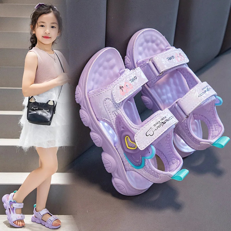 2026 New Summer Girls Sports Sandals Love Heart Decor Soft Non-Slip Beach Sandals For 3-12 Years Old Kids