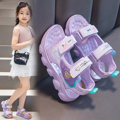 2026 New Summer Girls Sports Sandals Love Heart Decor Soft Non-Slip Beach Sandals For 3-12 Years Old Kids