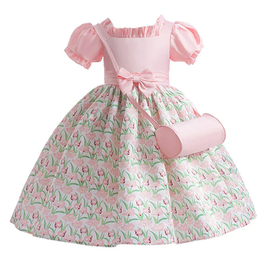Vestido de Verão para Meninas com Bolsa Elegante Vestido de Festa Infantil com Estampa Floral Vestido de Princesa Para Meninas Fantasia Aniversário Casamento Formatura
