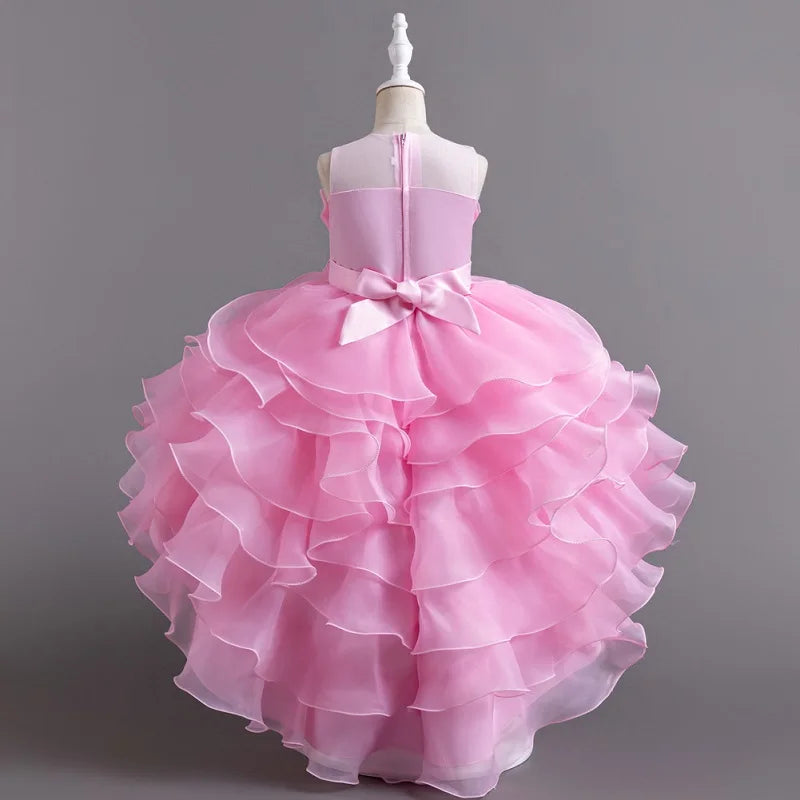 Summer Children's Wedding Flower Girl Tail Organza Elegant Evening Dress Bow Cute Birthday Party Girl Princess Dress