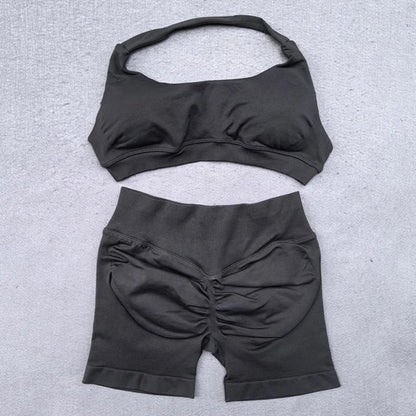 Shorts Set 2 Pieces Seamless Yoga Set Workout Tracksuit Women Halter Sport Bra And Low Waist Scrunch Bum Gym Shorts Suits