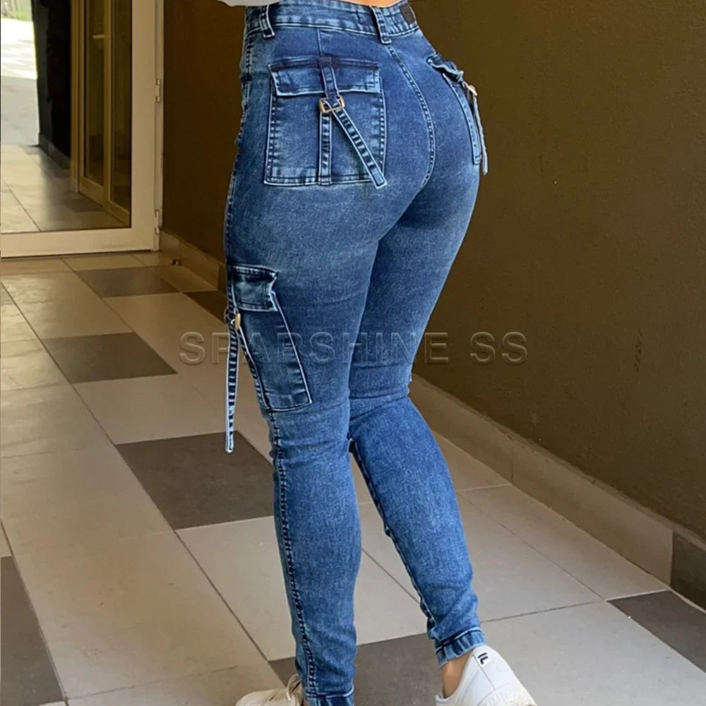 Women Fashion Autumn Winter High Waist Elastic Slim Fit Jeans Comfortable Casual Long Pants Push Up Versatile Design Plus Size