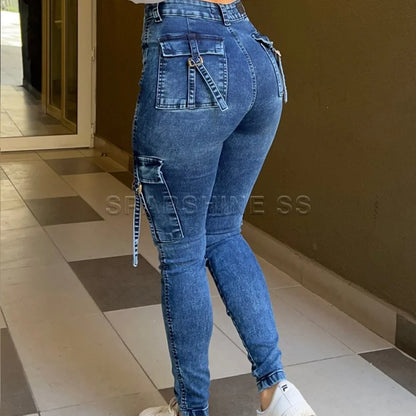 Women Fashion Autumn Winter High Waist Elastic Slim Fit Jeans Comfortable Casual Long Pants Push Up Versatile Design Plus Size