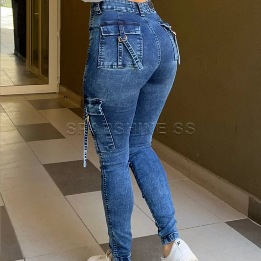 Women Fashion Autumn Winter High Waist Elastic Slim Fit Jeans Comfortable Casual Long Pants Push Up Versatile Design Plus Size