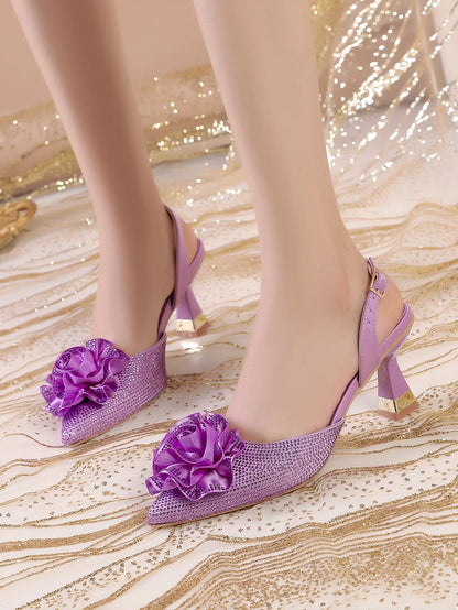 Elegant Fuchsia High-Heeled Women's Shoes with Water Diamond Accents - Stylish Pointed Toe Wedding and Party Pumps