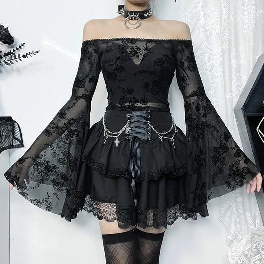 Goth Halloween Dark Gothic Skirt Women Vintage Streetwear Y2k Cyberpunk Chain Cross Lace-up Corset Skirt Harajuku Cake Skirt