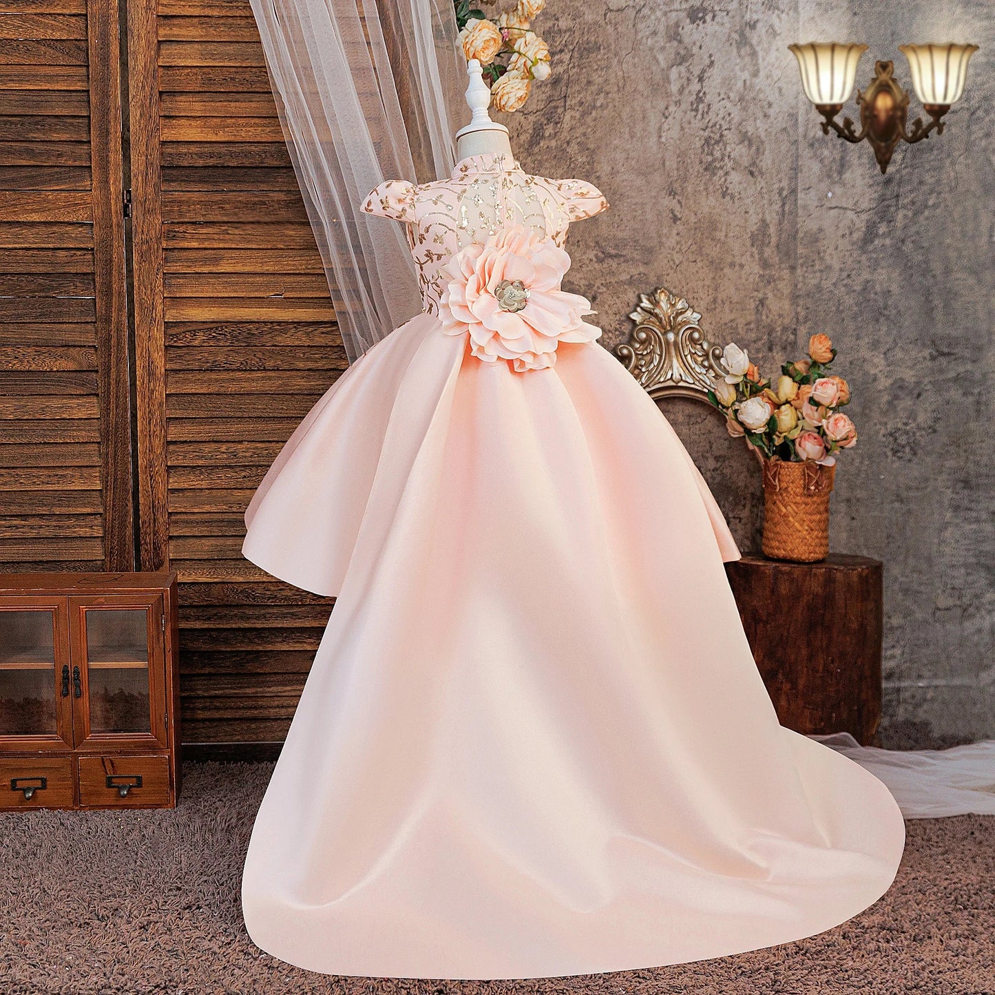 Elegant Big Flower Party Girls Dress Summer Tailed Wedding Bridesmaids Princess Dresses for Girl Birthday Pageant Prom Costumes