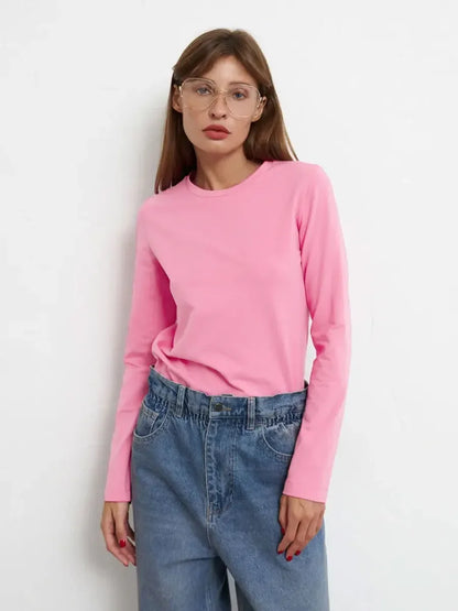 Women's Spring Autumn 100% Cotton T-shirt Bottoming Basic Solid Lady Long Sleeve Loose Tops Shirts Oversized T Shirt