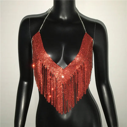 Bling Rhinestones Tassel Party Crop Top Woman Fashion Halter Neck Backless Design Full Diamond Sequins Nightclub Clubwear