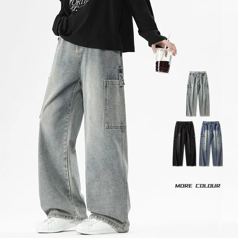 Cargo Jeans Men's Autumn New Vintage Fashion Straight Denim Trousers Casual Wide Personalized Male Clothing Pants Men Denim
