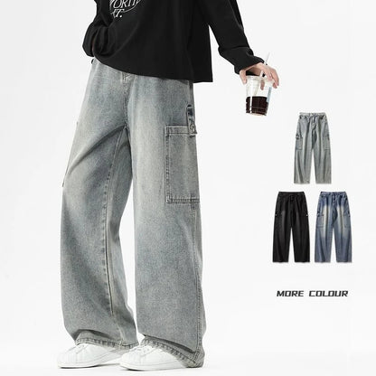 Cargo Jeans Men's Autumn New Vintage Fashion Straight Denim Trousers Casual Wide Personalized Male Clothing Pants Men Denim