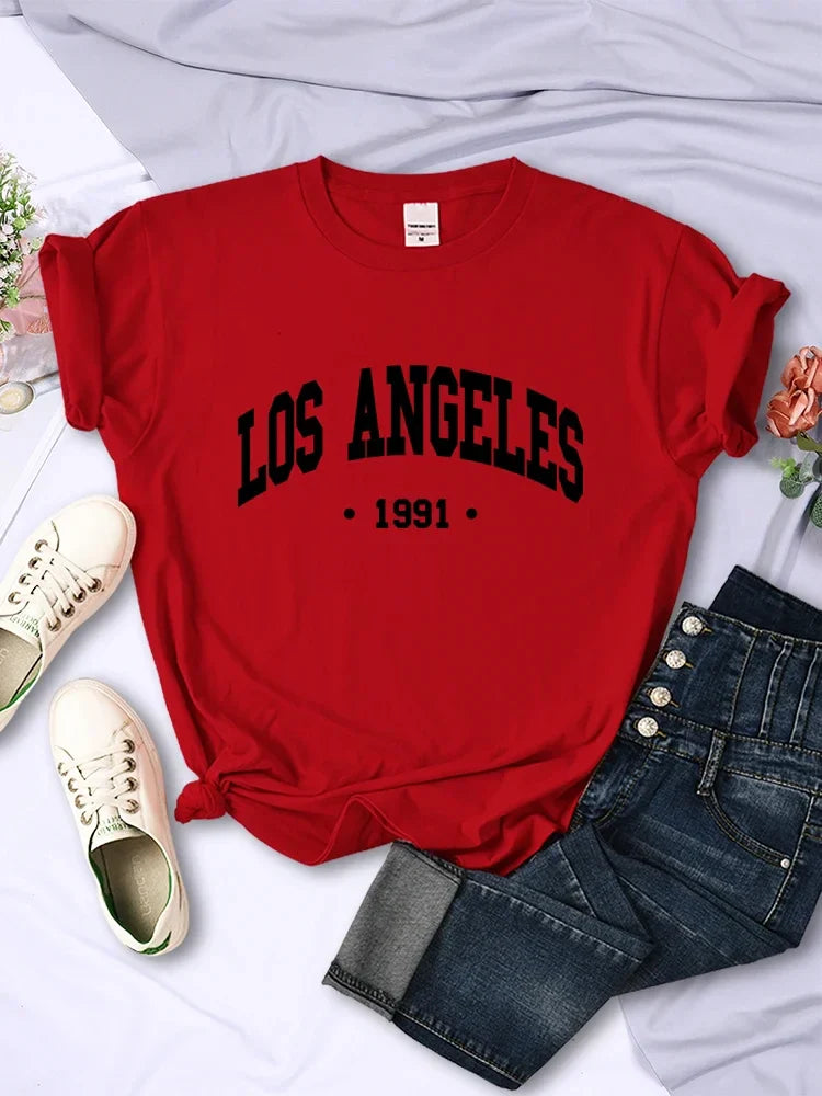 Los Angels 1991 Usa City Letter Printing Women T Shirt Street Summer Tshirt Simple Casual Short Sleeve Breathable Cool T-Shirt