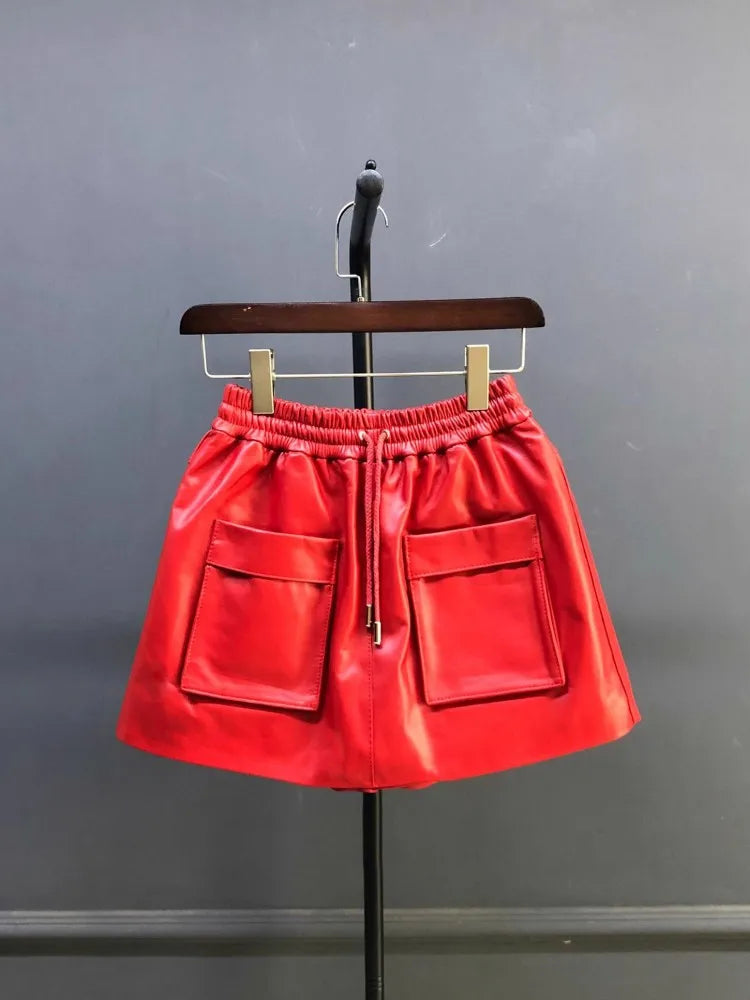 New Autumn Natural Sheepskin Elastic Waist Shorts Skirts A-Line Pocket Wide Leg Casual Above Knee Mini Genuine Leather Skirt 4XL