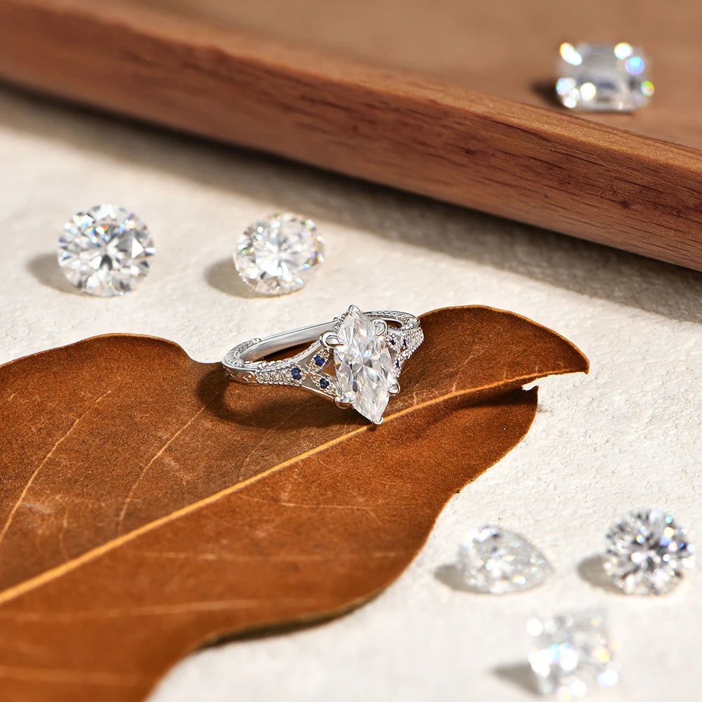 Marquise Cut 2ct Moissanite Ring With Lab Sapphire Women's Ring 925 Sterling Silver Luxury Wedding Jewelry Customizable