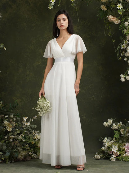 Empire Evening Dresses Cross V-Neck Tulle Short Sleeve Sashes Wedding Dress Sexy Backless Women's Formal Party Gowns