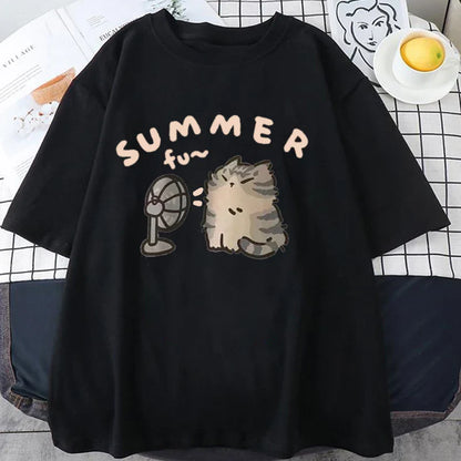 Korean Version Retro Minimalist Cat Printed Summer T-shirt Casual Loose Couple Thin Short Sleeves Women Men T Shirts