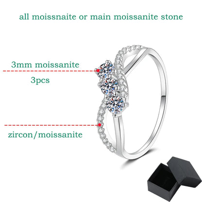 Real S925 Sterling Silver Moissanite Ring for Women 3 Stone Twisted Band Halo Gift for Her D Color VVS1 Dainty Jewelry