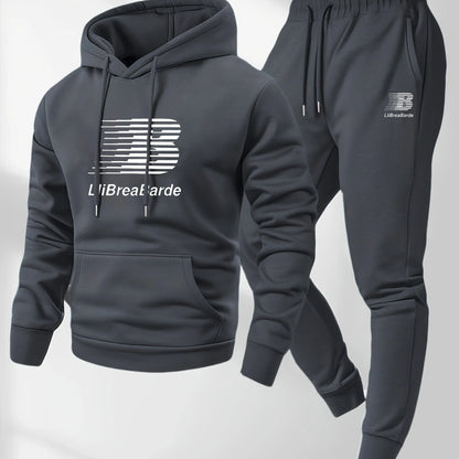 Men's Printed Letter Graphic Casual Hooded Sports Outfit Long Sleeve Pullover Slightly Elastic Suitable for Spring and Autumn