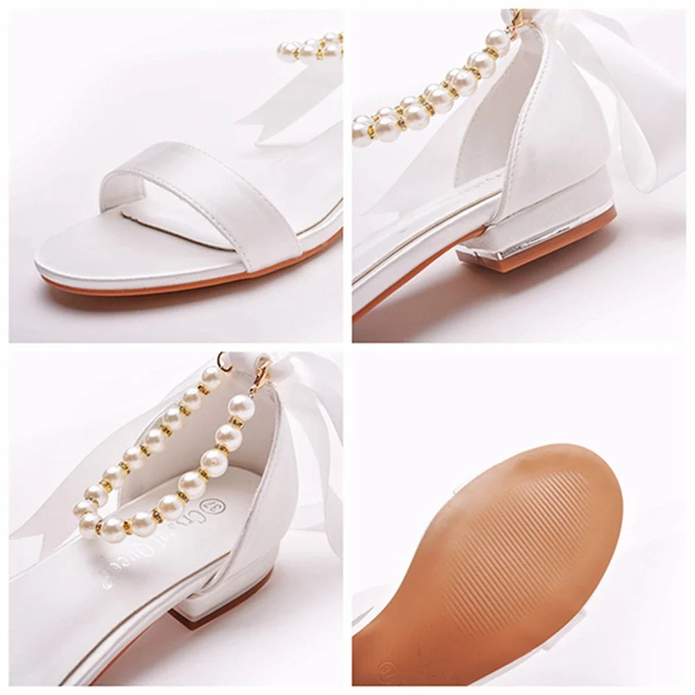 Summer new 2-cm square-heeled silk ribbon pearl rhinestone low-heeled wedding shoes beaded lace-up flat large-size women sandals