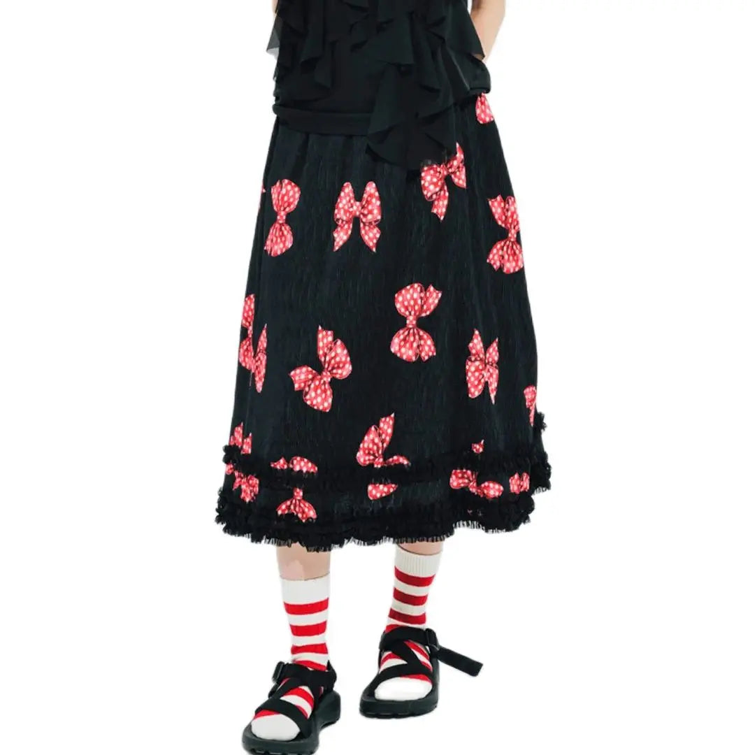 Original design bow pleated lace stitching elastic waist skirt for women 244659