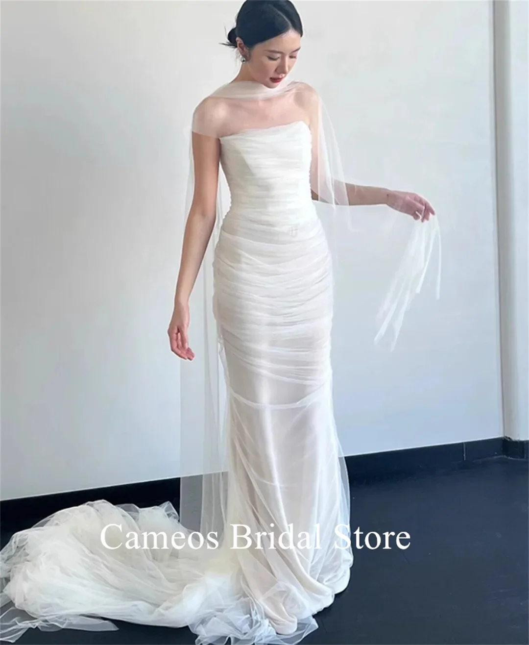Strapless Tulle Korea Elegant Wedding Dress Customized Bride Dress 웨딩드레스 Mermaid Ruched Corset Ivory Wedding Gown Bridal
