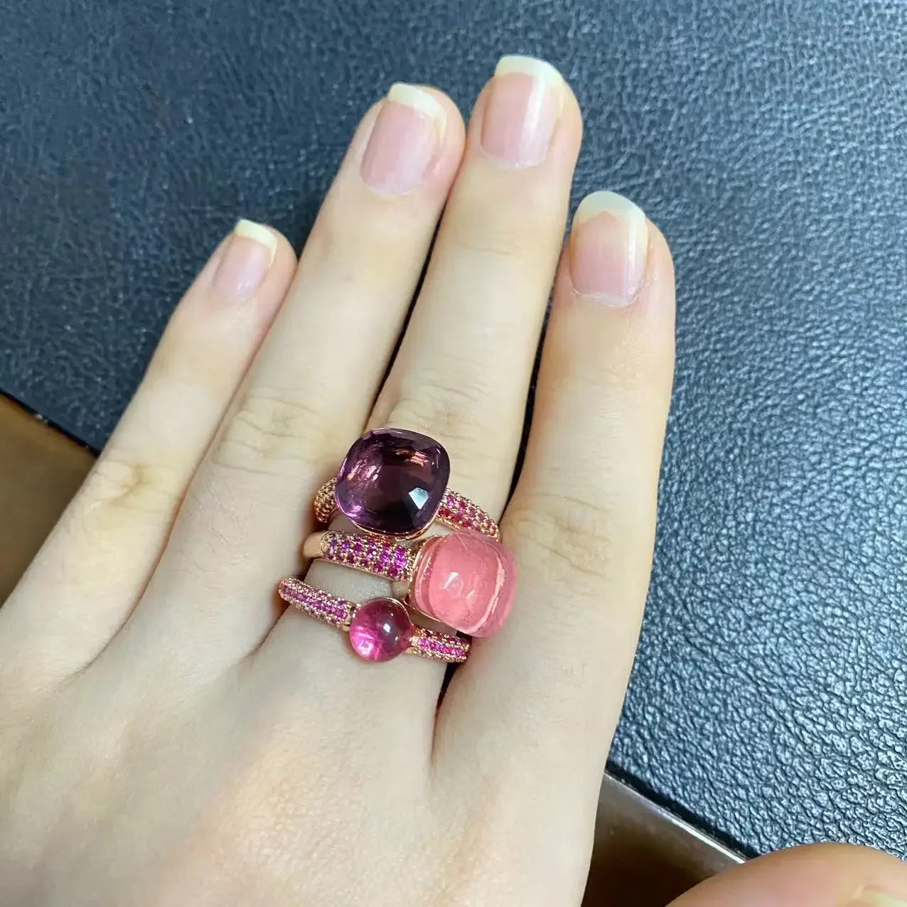 Conjunto de 3 anéis empilháveis ​​Nudo para mulheres, conjunto com cores mistas, cristais tipo bala incrustados, zircônia, ametista, topázio azul, joia redonda, presente