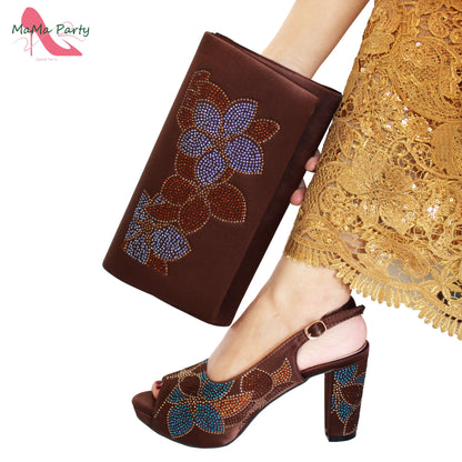 2024 Italian Design Shoes and Bag Set in Pink Color High Quality New Arrivals with Shinning Crystal for Wedding Party