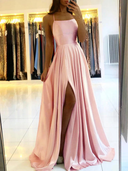 2025 Vestidos Longos de Cetim Verde Escuro para Madrinhas de Casamento com Alças Finas Fenda Sexy Decote nas Costas Maxi Vestidos de Noite Femininos