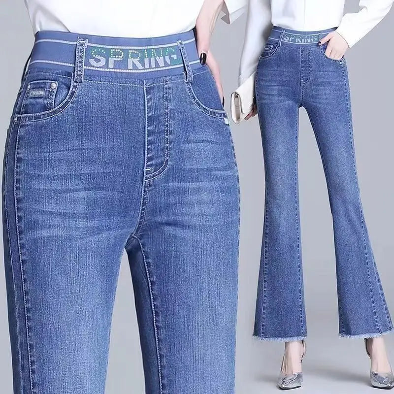 Elastic Waist Flare Nine Points Boot Cut Women Clothing Jeans
