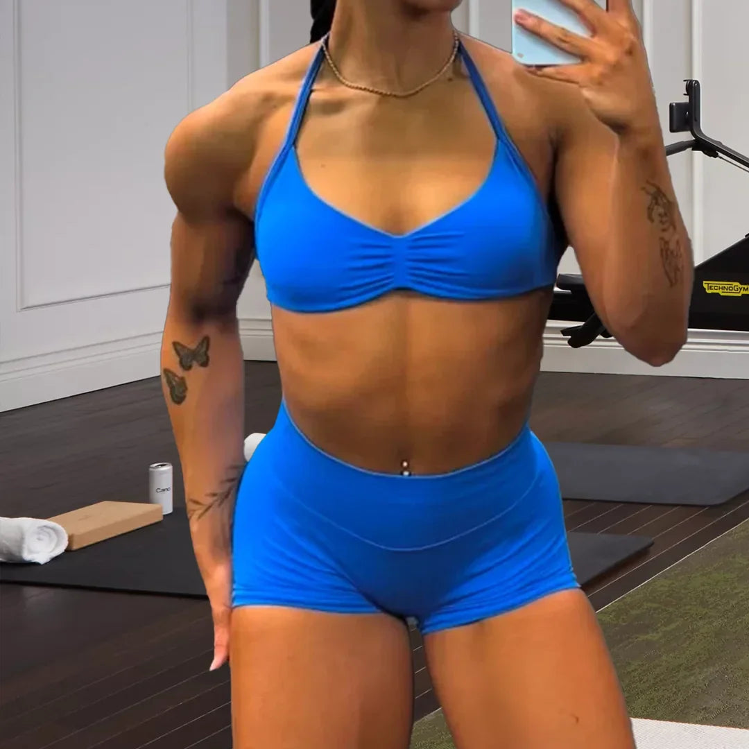 DFDK Women 2PCS Fitness Sports Set Lace Up Yoga Bra High Waist Short Leggings Seamless Cycling Running Workout Activewear
