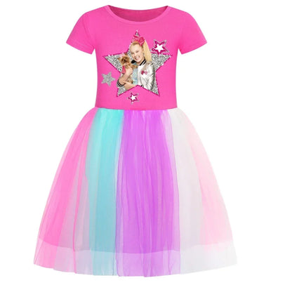 2025 Girls Princess Dress Kids Cute JOJO Siwa T Shirt Pleated Dresses Children Summer Vestidos Cartoon Birthday Party Clothes