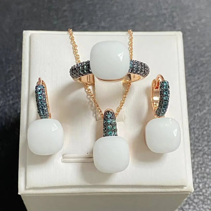 3Pcs Gun Black Plated Blue Zircon Jewelry Set for Women Includes Ring Earrings Necklace Elegant Crystal Blue Topaz Matching Gift