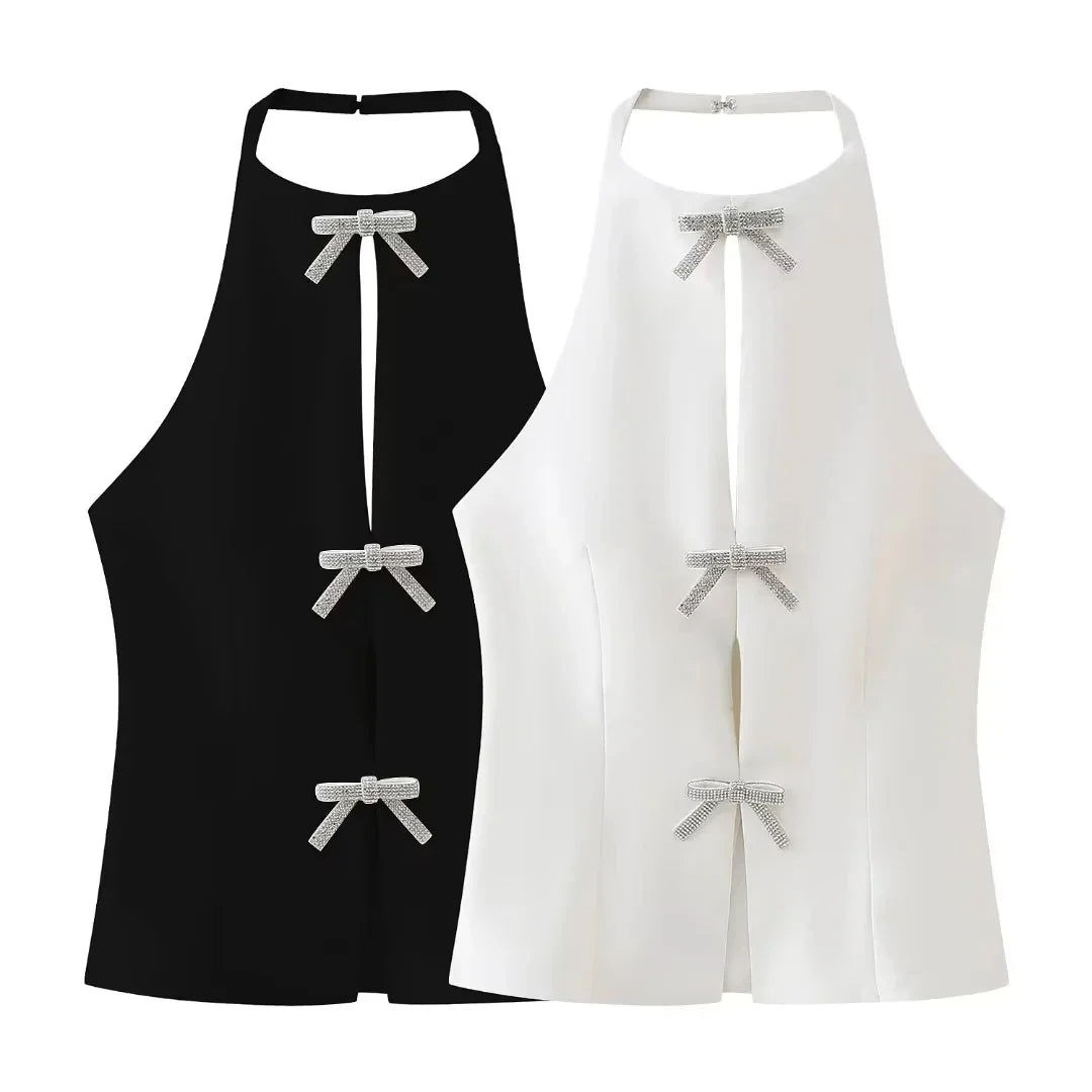 Summer Top Female Jewelry Bow Decoration Hanging Neck Collar Sleeveless Top 2025 Women's Pretty Sling Top