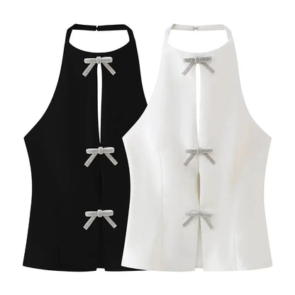 Summer Top Female Jewelry Bow Decoration Hanging Neck Collar Sleeveless Top 2025 Women's Pretty Sling Top