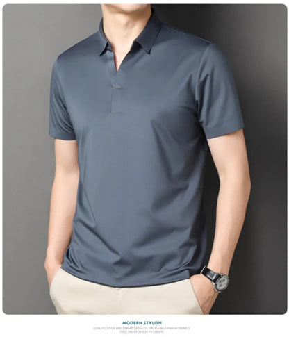 2024 High-quality Elastic Stretch POLO, Business Casual Men's Short-sleeved Shirt, Seamless V-neck M-4XL Men's Polo Shirt