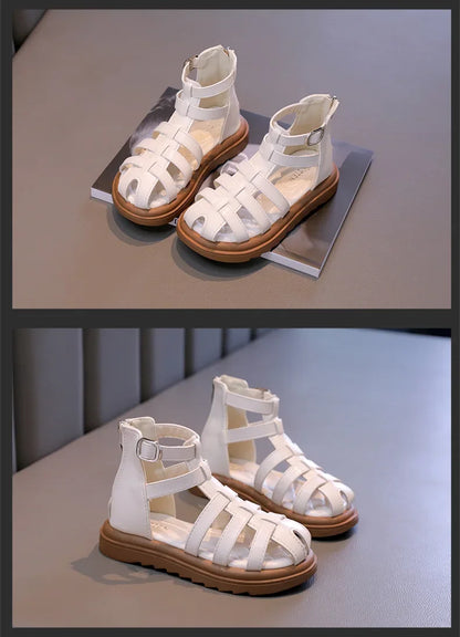 British Style Children's Sandals Girl 2024 Summer Kids Hollow-out Beach Shoes Fashion Causal Girls High-top Simple Roman Sandals