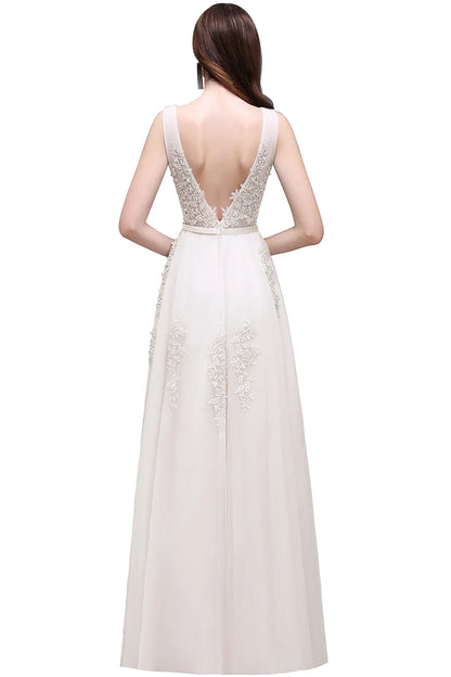 A-line V-neck Tulle Sleeveless Zipper Up Long Prom Applique V Neck Evening Gowns Formal Elegant And Pretty Women's Dresses