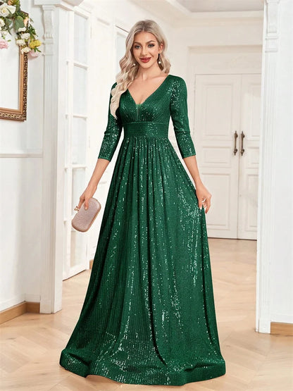 Luxury V Neck Long Sleeves Navy Blue Sequins Formal Evening Dresses Women 2025 Wedding Party Prom Maxi Cocktail Dress Gowns
