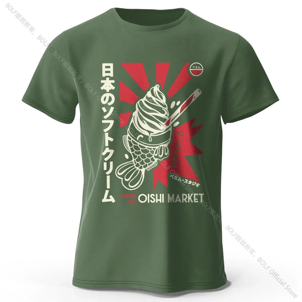 Japanese Foodie Print 100% Cotton T-Shirt, Soft & Breathable Round Neck Short Sleeve Tee, Unisex Cute & Cultural Style
