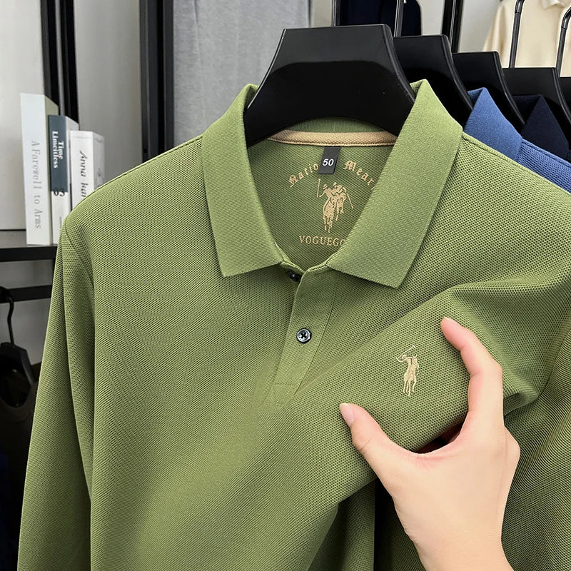2025 New Cotton Long Sleeved T-shirt for Men, High End Embroidered Little Horse Logo Fashion Autumn/Winter Polo Top
