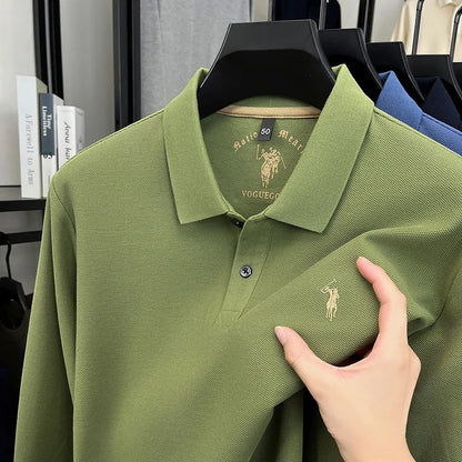 2025 New Cotton Long Sleeved T-shirt for Men, High End Embroidered Little Horse Logo Fashion Autumn/Winter Polo Top