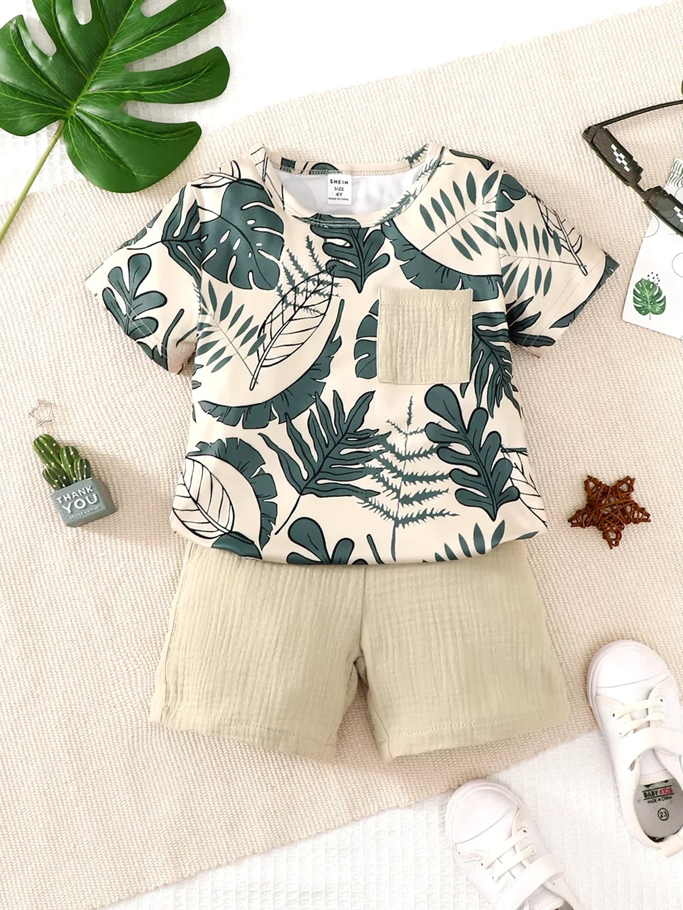 2PCS Kid Boy Clothes Set Short Sleeves Leaf Print Pocket Style T-shirt+Shorts Summer Casual Outfit For Child Boy 4-7 Years