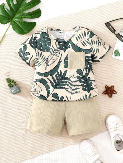 2PCS Kid Boy Clothes Set Short Sleeves Leaf Print Pocket Style T-shirt+Shorts Summer Casual Outfit For Child Boy 4-7 Years